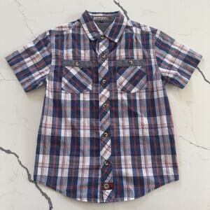 Faded Gear Boys Size 10 Plaid Button Up Shirt Blue Red Short Sleeve Cotton Blend